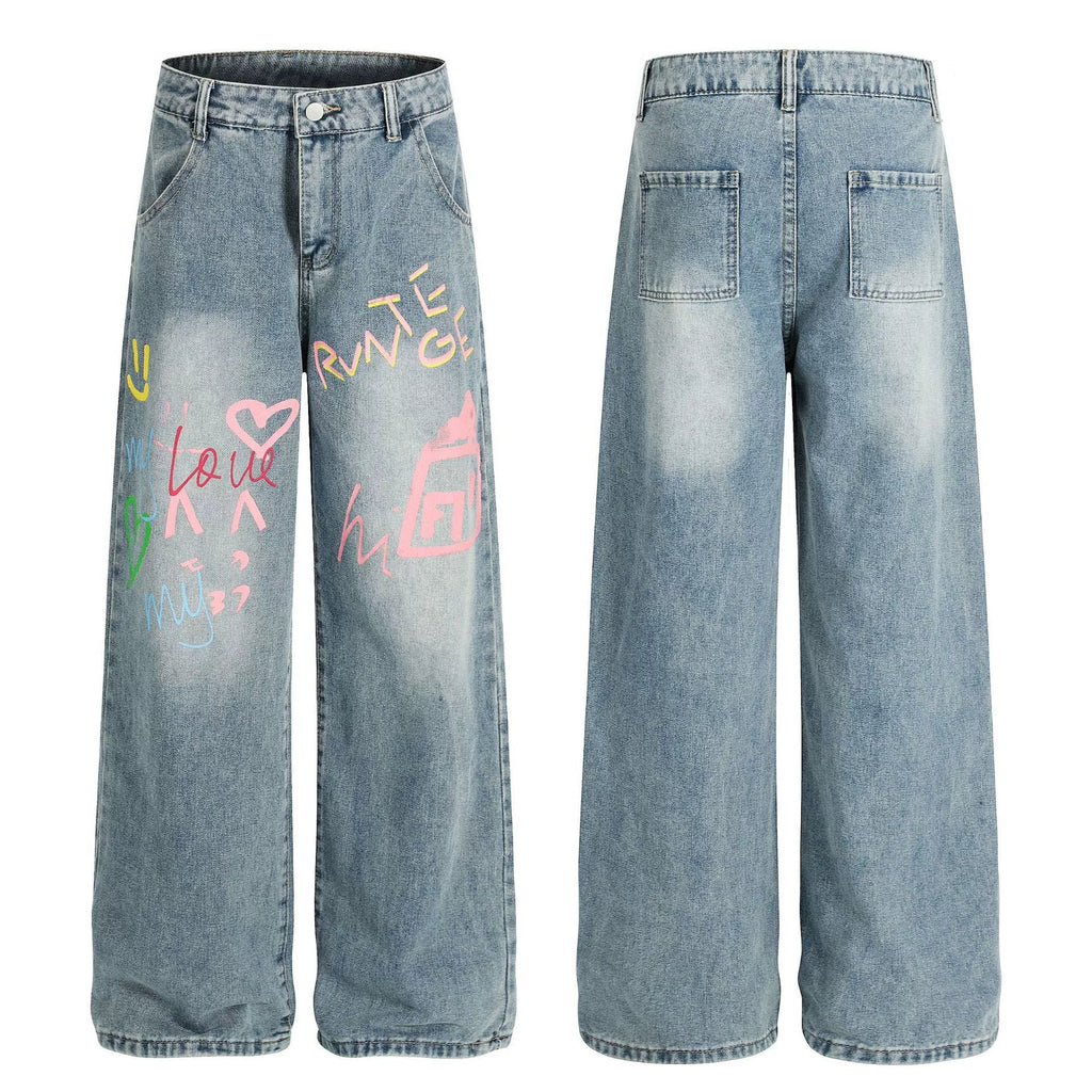 Fashion workwear jeans high street embroidery loose wide pants