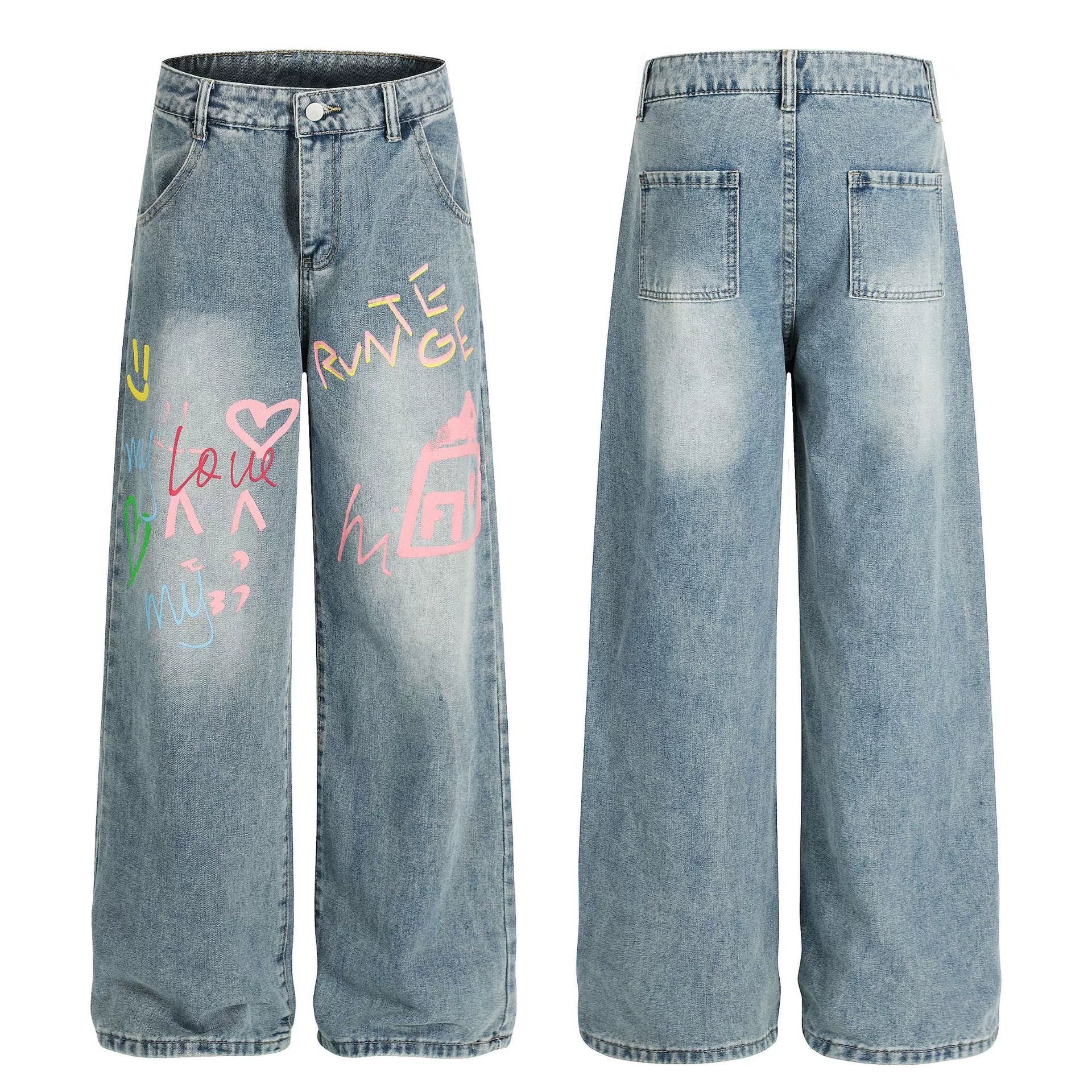 Fashion workwear jeans high street embroidery loose wide pants
